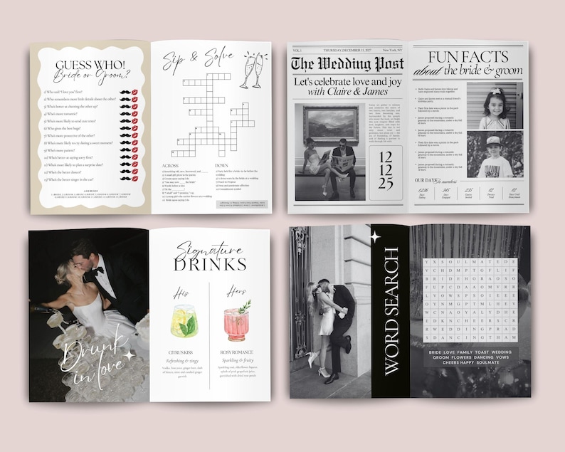 May include: A wedding activity book with various games and information. Pages include a "Guess Who" game, crossword puzzle, newspaper-style article, fun facts, signature drinks, and a word search. The book features a neutral color palette.