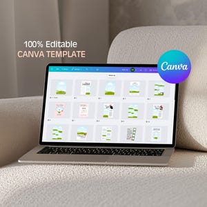 May include: A silver laptop displaying a Canva template with various design options. The screen shows a grid of templates with green, blue, and white elements. The text "100% Editable CANVA TEMPLATE" is visible above the screen, and the Canva logo is in the upper right corner.