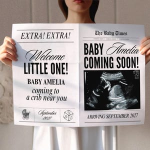 Editable baby announcement newspaper template, Pregnancy announcement newspaper, Baby reveal news paper announcement, Canva template, 308