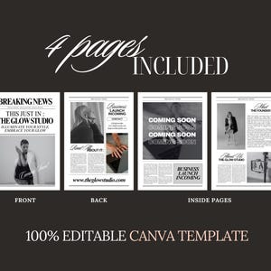 Op de afbeelding: Een zwart-witte mockup van een vier pagina's tellende nieuwsbriefsjabloon voor een bedrijf genaamd "The Glow Studio". De voorpagina heeft de kop "This Just In: The Glow Studio" en de tekst "Illuminate Your Style, Embrace Your Glow". De achterpagina heeft de kop "Read About It" en de tekst "www.theglowstudio.com". De binnenpagina's hebben de koppen "Coming Soon" en "Meet The Founder".