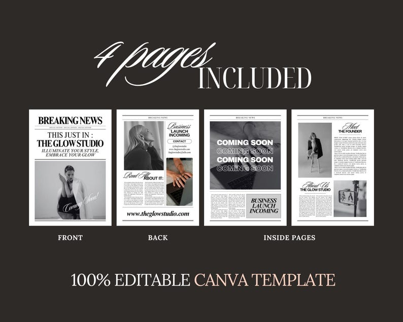 Op de afbeelding: Een zwart-witte mockup van een vier pagina's tellende nieuwsbriefsjabloon voor een bedrijf genaamd "The Glow Studio". De voorpagina heeft de kop "This Just In: The Glow Studio" en de tekst "Illuminate Your Style, Embrace Your Glow". De achterpagina heeft de kop "Read About It" en de tekst "www.theglowstudio.com". De binnenpagina's hebben de koppen "Coming Soon" en "Meet The Founder".
