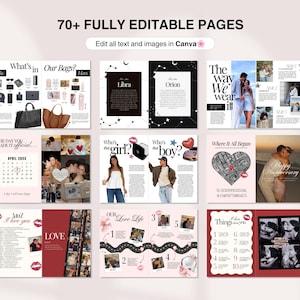 Puede incluir: Un conjunto de plantillas digitales con m&aacute;s de 70 p&aacute;ginas totalmente editables para Canva, que muestra varios dise&ntilde;os con texto, marcadores de posici&oacute;n para fotos, calendarios y gr&aacute;ficos rom&aacute;nticos para hitos de pareja.