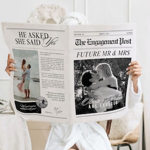 Può includere: Un annuncio di giornale fittizio con il titolo "The Engagement Post" e il testo "Future Mr & Mrs Olivia Jordan Are Engaged". L'annuncio presenta una foto in bianco e nero di una coppia che si abbraccia.