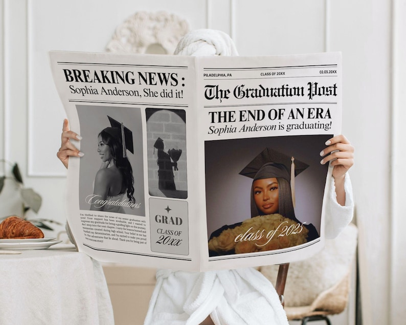 May include: A newspaper with the headline "BREAKING NEWS: Sophia Anderson, She did it!" and "The Graduation Post." The newspaper features photos of a graduate in a cap and gown. The text "class of 2025" is also visible.