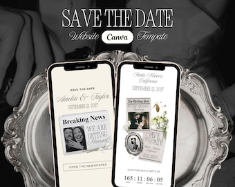 Newspaper Save the Date, Canva Wedding Website Template, Editable RSVP, Video Invitation, Ivory Old Money, Instant Download