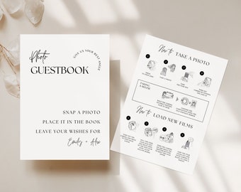 Canva wedding guest book polaroid sign, Editable wedding film photo guest book sign, Polaroid wedding instax instructions signage, 069