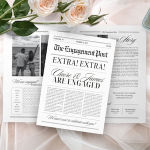 May include: A black and white newspaper announcement with the headline "The Engagement Post" and the text "EXTRA! EXTRA! Claire & James ARE ENGAGED". The announcement includes a photo of a couple on a beach and a word search puzzle.