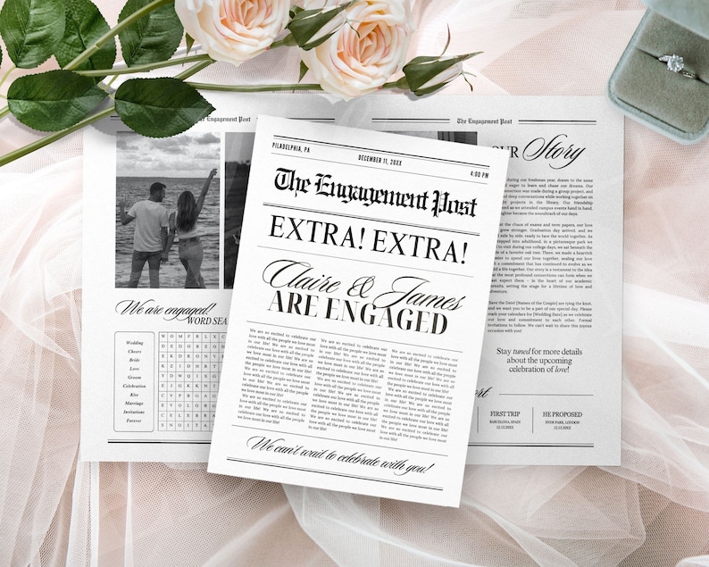May include: A black and white newspaper announcement with the headline "The Engagement Post" and the text "EXTRA! EXTRA! Claire & James ARE ENGAGED". The announcement includes a photo of a couple on a beach and a word search puzzle.