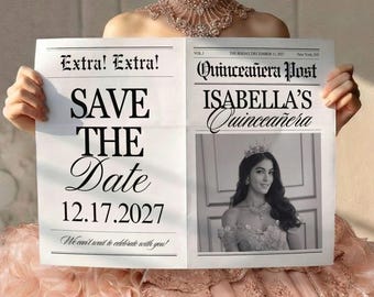 Szablon gazety „Zapisz datę” na quinceañera, edytowalne zaproszenie (pobranie cyfrowe)