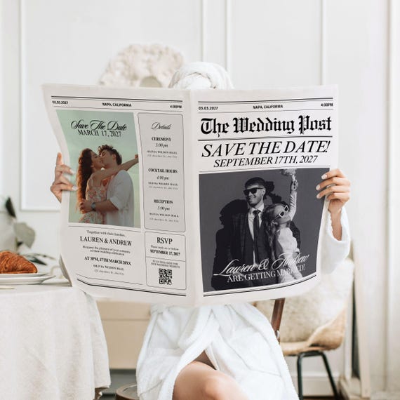 Canva Newspaper Save The Date, Wedding Save The Date Newspaper Template, Newspaper Club Tabloid Template, Wedding Invitation Newspaper, 092