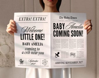 Canva-sjabloon voor zwangerschapsaankondiging, bewerkbare aangepaste babykrant, Baby Coming Soon, The Pregnancy post, digitale download, 187