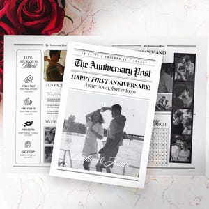 Plantilla de periódico de aniversario editable, regalo de 1 año de aniversario para novio, tarjeta imprimible del 1er aniversario, periódico personalizado de Canva, 172