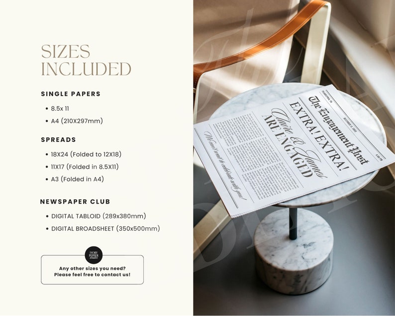 May include: A white marble table with a black metal stand, displaying a newspaper announcement with the headline "The Engagement Post EXTRA! EXTRA! Claire & James ARE ENGAGED". The announcement is printed on a white background with black text. The table is on a gray surface.