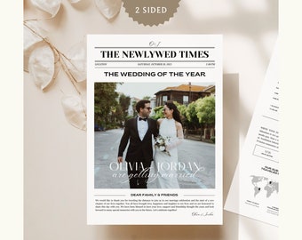 2 sided Wedding Newspaper, Newspaper Wedding Program, Canva Wedding Day Newspaper Template, Custom newspaper wedding, 053