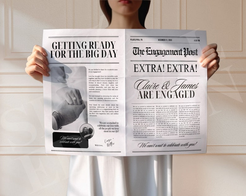 May include: A mock newspaper announcement with the headline "Extra! Extra! Claire & James Are Engaged!" The announcement is styled to look like a vintage newspaper with a black and white photo of the couple's hands holding a ring. The text "We are so excited to celebrate our love with all the people we love most in our life!" is printed below the photo. The text "We can't wait to celebrate with you!" is printed at the bottom of the announcement.