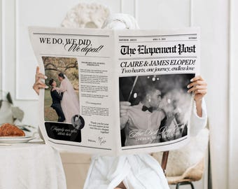 Canva Elopement Newspaper Template, Editable We Eloped Announcement, Printable Newspaper Wedding Announcement, Just Married News Paper
