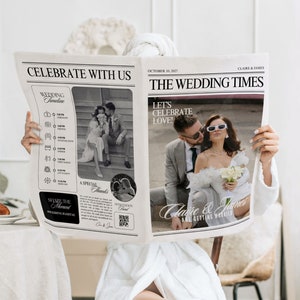 Peut inclure: Une annonce de mariage de style journal en noir et blanc avec le titre "Célébrez avec nous" et "The Wedding Times". L'annonce comprend un calendrier de mariage, une photo du couple et le texte "Claire & James se marient".