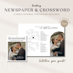 May include: A printable wedding newspaper and crossword puzzle template. The template features a black and white design with the text "The Newlywed Times" and "The Wedding of the Year". The crossword puzzle is titled "Who knows the couple best? Claire & James".