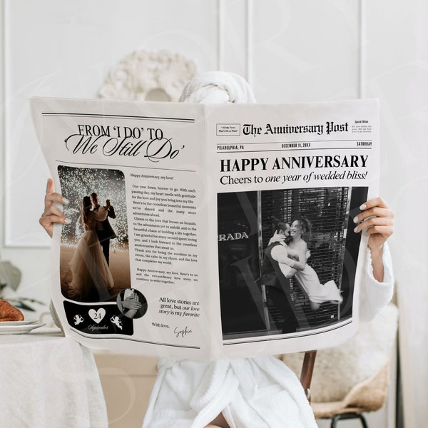 Editable wedding newspaper first anniversary, Canva wedding anniversary newspaper template, 1st anniversary gift, newspaper poster, 114