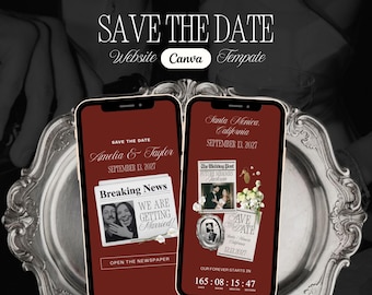 Burgundy Newspaper Save the Date, Canva Wedding Website Template, Editable RSVP, Video Invitation, Old Money, Instant Download