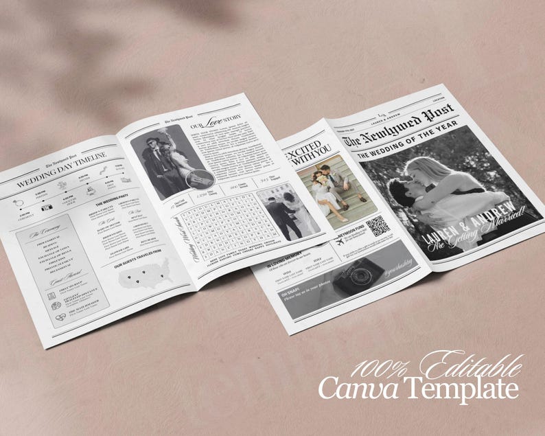 Large Newspaper Wedding Program, Canva Wedding Newspaper Template, Newspaper Club Tabloid Template, Folded Large Wedding Day Newspaper, 078 image 6