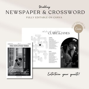 Op de afbeelding: Een zwart-witte printbare bruiloftkrant en kruiswoordpuzzel sjabloon. De krant bevat een foto van een stel en de tekst "The Newlywed Times" en "Olivia & Jordan Are Getting Married". De kruiswoordpuzzel bevat de tekst "The fun is about to begin!" en "Claire & James".