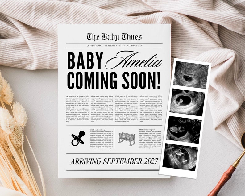 Large newspaper baby announcement, Canva newspaper pregnancy announcement, Pregnancy announcement newspaper, Newspaper baby shower, 088 image 1