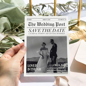 Zeitung Save The Date Card, bearbeitbare Zeitungshochzeitseinladung, druckbare Verlobungsmitteilung, Canva-Vorlage, speichern Sie die Daten
