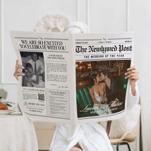 May include: A mock newspaper announcement for a wedding with the headline "The Newlywed Post" and the text "Lauren & Andrew are getting married". The announcement features a black and white photo of the couple and a color photo of the couple in a bar setting.
