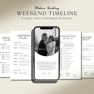 Canva Wedding Itinerary Template for Guests, Digital Wedding timeline modern template, Mobile wedding party weekend timeline schedule, 061