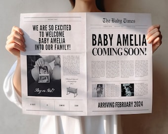 Canva newspaper baby announcement, Large newspaper pregnancy announcement template, Pregnancy announcement newspaper baby shower, 083