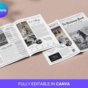 May include: A black and white wedding newspaper design with the headline "The Wedding Post" and the text "Claire & James ARE GETTING MARRIED." The newspaper includes photos and text, with the Canva logo in the upper left corner.