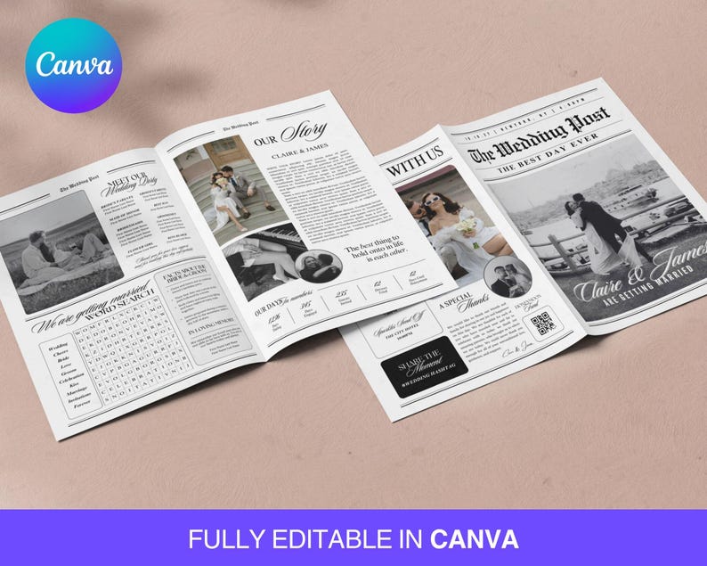 May include: A black and white wedding newspaper design with the headline "The Wedding Post" and the text "Claire & James ARE GETTING MARRIED." The newspaper includes photos and text, with the Canva logo in the upper left corner.