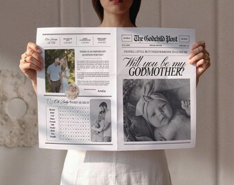Godmother proposal newspaper template, Will you be my Godmother, Printable Godparents gift, Godfather keepsake, Canva template, 164