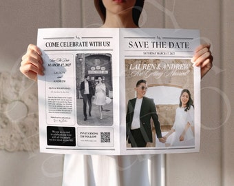 Wedding Newspaper Save The Date, Canva Save The Date Newspaper Template, Newspaper Club Tabloid Template, Wedding Invitation Newspaper, 086