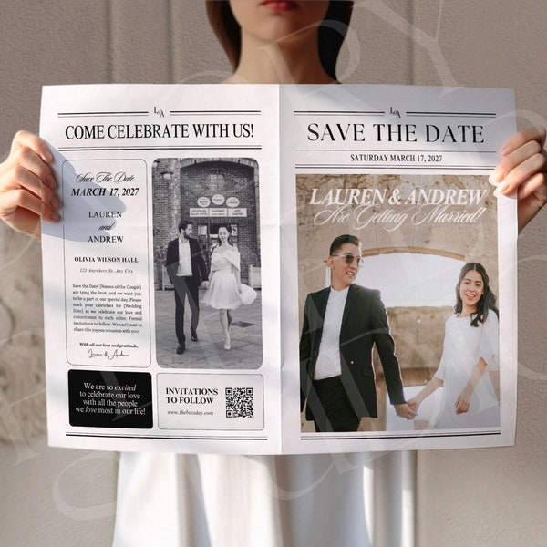 Wedding Newspaper Save The Date, Canva Save The Date Newspaper Template, Newspaper Club Tabloid Template, Wedding Invitation Newspaper, 086