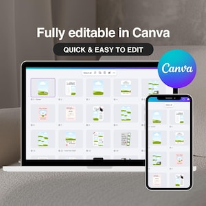 Puede incluir: Un ordenador port&aacute;til y un smartphone muestran una cuadr&iacute;cula de plantillas digitales editables en la interfaz de Canva. El texto "Fully editable in Canva" y "QUICK & EASY TO EDIT" aparece sobre los dispositivos, con el logo azul y morado.