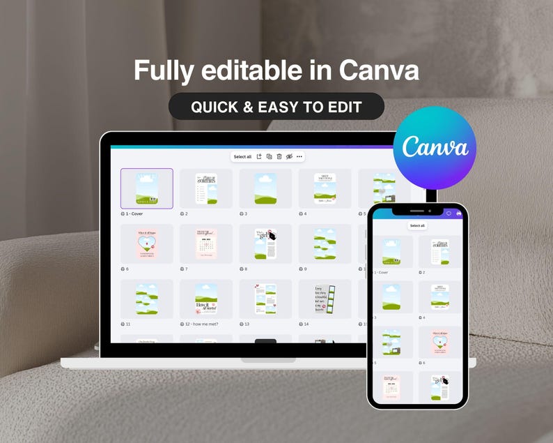 Puede incluir: Un ordenador port&aacute;til y un smartphone muestran una cuadr&iacute;cula de plantillas digitales editables en la interfaz de Canva. El texto "Fully editable in Canva" y "QUICK & EASY TO EDIT" aparece sobre los dispositivos, con el logo azul y morado.