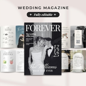 Può includere: Layout di una rivista di matrimonio con il titolo "WEDDING MAGAZINE" e il testo "Fully editable". La copertina presenta una foto in bianco e nero di una coppia. Altre pagine includono la cronologia del matrimonio, le bevande e i dettagli della cerimonia.