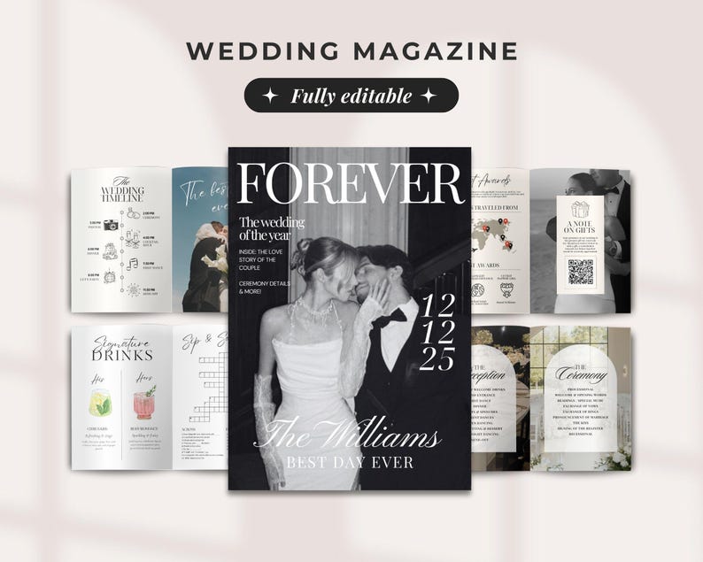 May include: A wedding magazine layout with the title "WEDDING MAGAZINE" and the text "Fully editable". The cover features a black and white photo of a couple. Other pages include wedding timeline, signature drinks, and ceremony details.