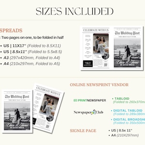 May include: A wedding newspaper design with the headline "The Wedding Post" and the names "Claire & James." The image includes size options: 11x17 inches (folded to 8.5x11), 8.5x11 inches (folded to 5.5x8.5), A3 (folded to A4), and A4 (folded to A5).