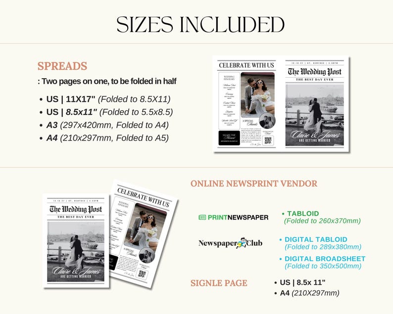 May include: A wedding newspaper design with the headline "The Wedding Post" and the names "Claire & James." The image includes size options: 11x17 inches (folded to 8.5x11), 8.5x11 inches (folded to 5.5x8.5), A3 (folded to A4), and A4 (folded to A5).