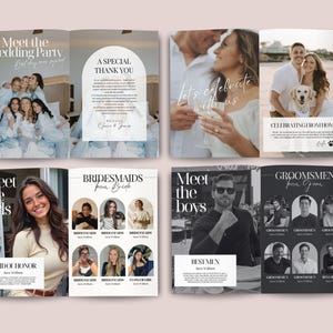 May include: A wedding invitation spread with photos of the wedding party, including bridesmaids, groomsmen, and the couple. The design features elegant typography and a neutral color palette, with text that reads "Meet the Wedding Party," "A Special Thank You," and "Celebrating from Home."