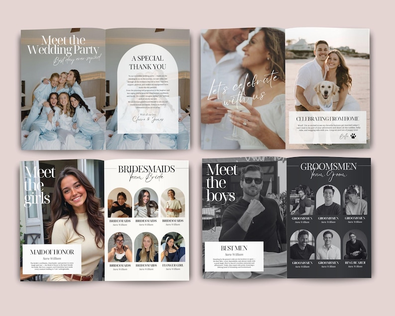 May include: A wedding invitation spread with photos of the wedding party, including bridesmaids, groomsmen, and the couple. The design features elegant typography and a neutral color palette, with text that reads "Meet the Wedding Party," "A Special Thank You," and "Celebrating from Home."