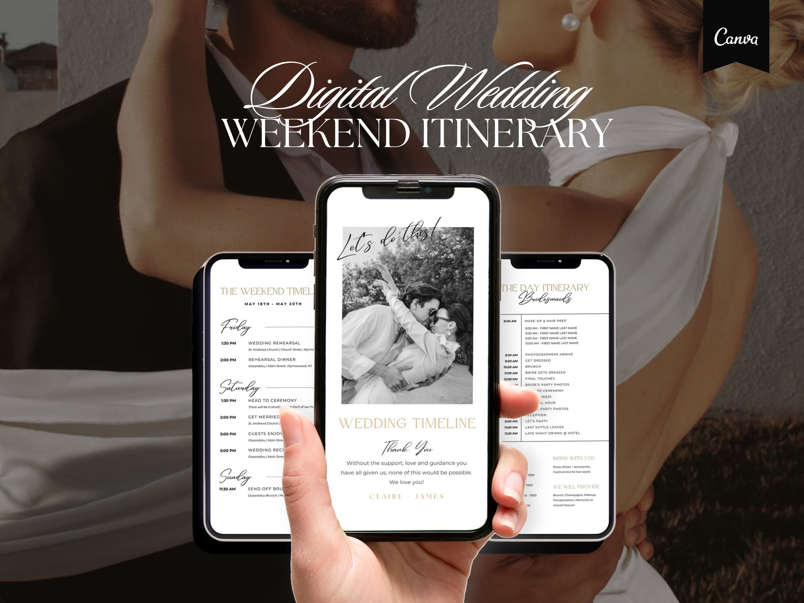 Digital Wedding weekend itinerary template, Canva wedding timeline template for bridal party, Electronic Wedding day itinerary editable, 103