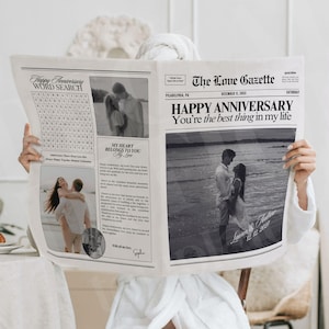 Plantilla de periódico de aniversario editable, regalo de 1 año de aniversario para novio, tarjeta imprimible del 1er aniversario, periódico personalizado de Canva, 172