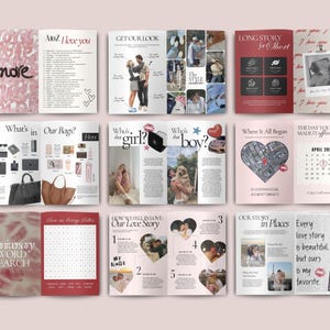 May include: A collection of open magazines with various layouts. The covers feature text like "Amore," "Get Our Look," and "Long Story for Short." Inside, there are photos, lists, and a calendar. The color scheme is primarily pink, red, and white.