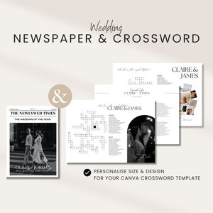 May include: A printable wedding newspaper and crossword puzzle template. The newspaper features a black and white photo of a couple walking down the street. The crossword puzzle is blank and ready to be customized. The text "The Newlywed Times" and "The Wedding of the Year" is featured on the newspaper. The text "Olivia Jordan are getting married" is featured on the newspaper. The text "Claire & James" is featured on the crossword puzzle. The text "Personalise Size & Design for Your Canva Crossword Template" is featured below the image.