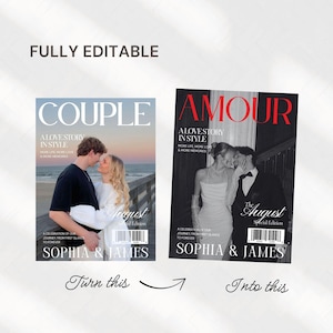 May include: Two magazine covers side-by-side, one titled "COUPLE" and the other "AMOUR." The "COUPLE" cover features a couple kissing, while the "AMOUR" cover shows a couple in formal attire. Text reads "FULLY EDITABLE."