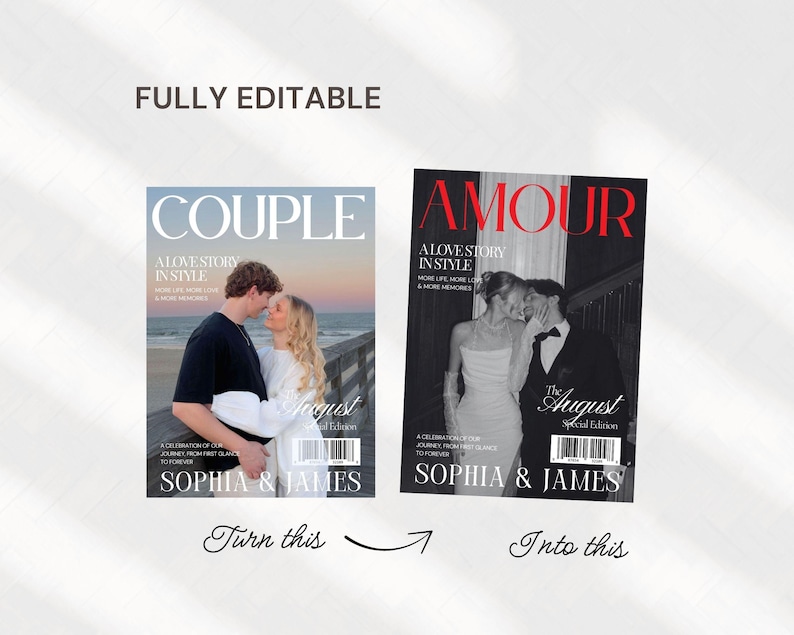 May include: Two magazine covers side-by-side, one titled "COUPLE" and the other "AMOUR." The "COUPLE" cover features a couple kissing, while the "AMOUR" cover shows a couple in formal attire. Text reads "FULLY EDITABLE."